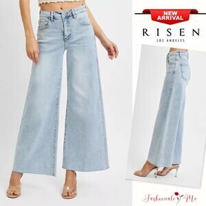 RISEN High Rise Waist Zipper Fly Stretch Light Wash Ankle Wide Leg Palazzo Jeans